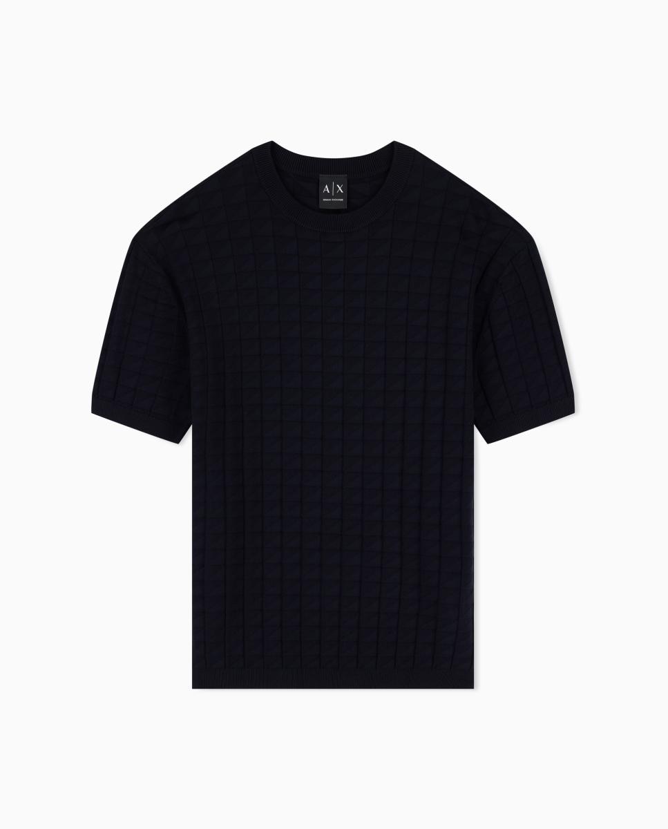 Camisola de Malha com Manga Curta e Estrutura aos Quadrados Azul-marinho-5