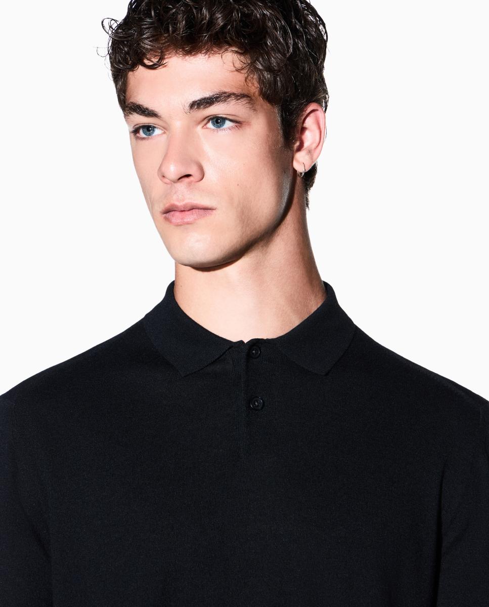 Camisola de Malha com Botões e Colarinho Tipo Polo Preto-3