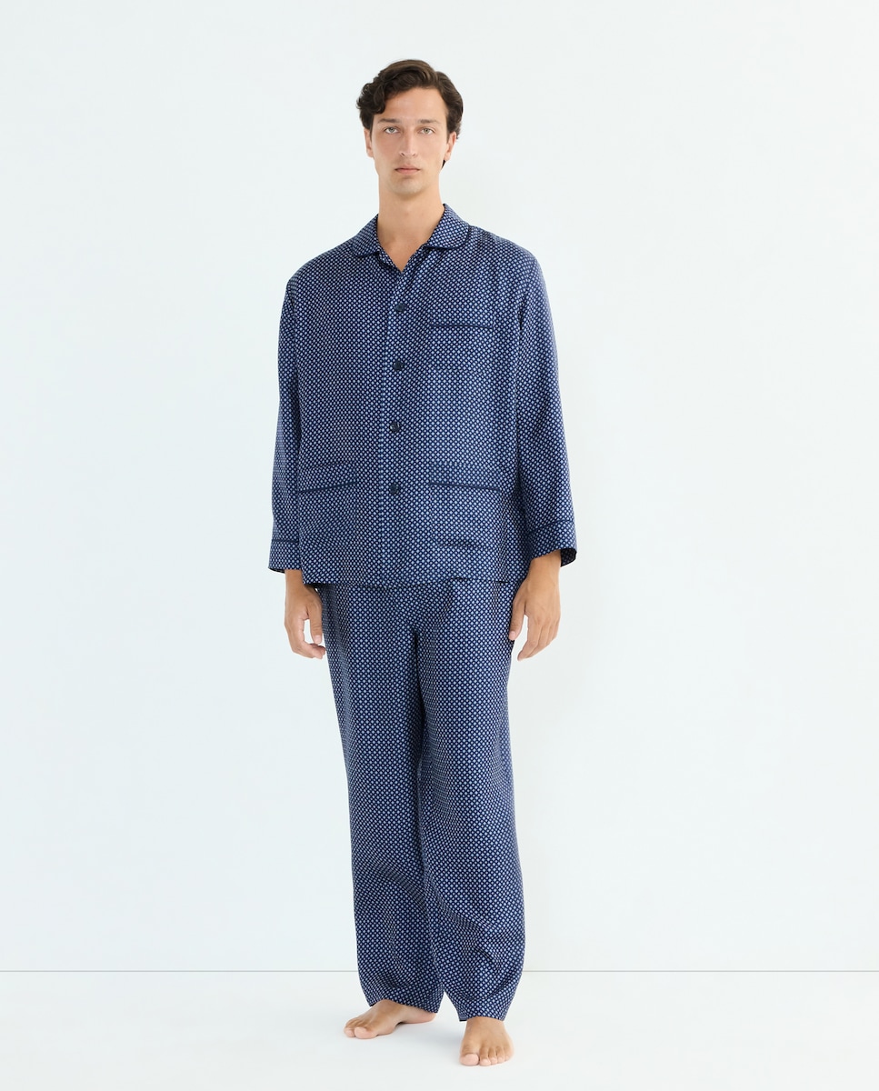 Pijama em Seda com Desenho de Gravata Azul-marinho-2