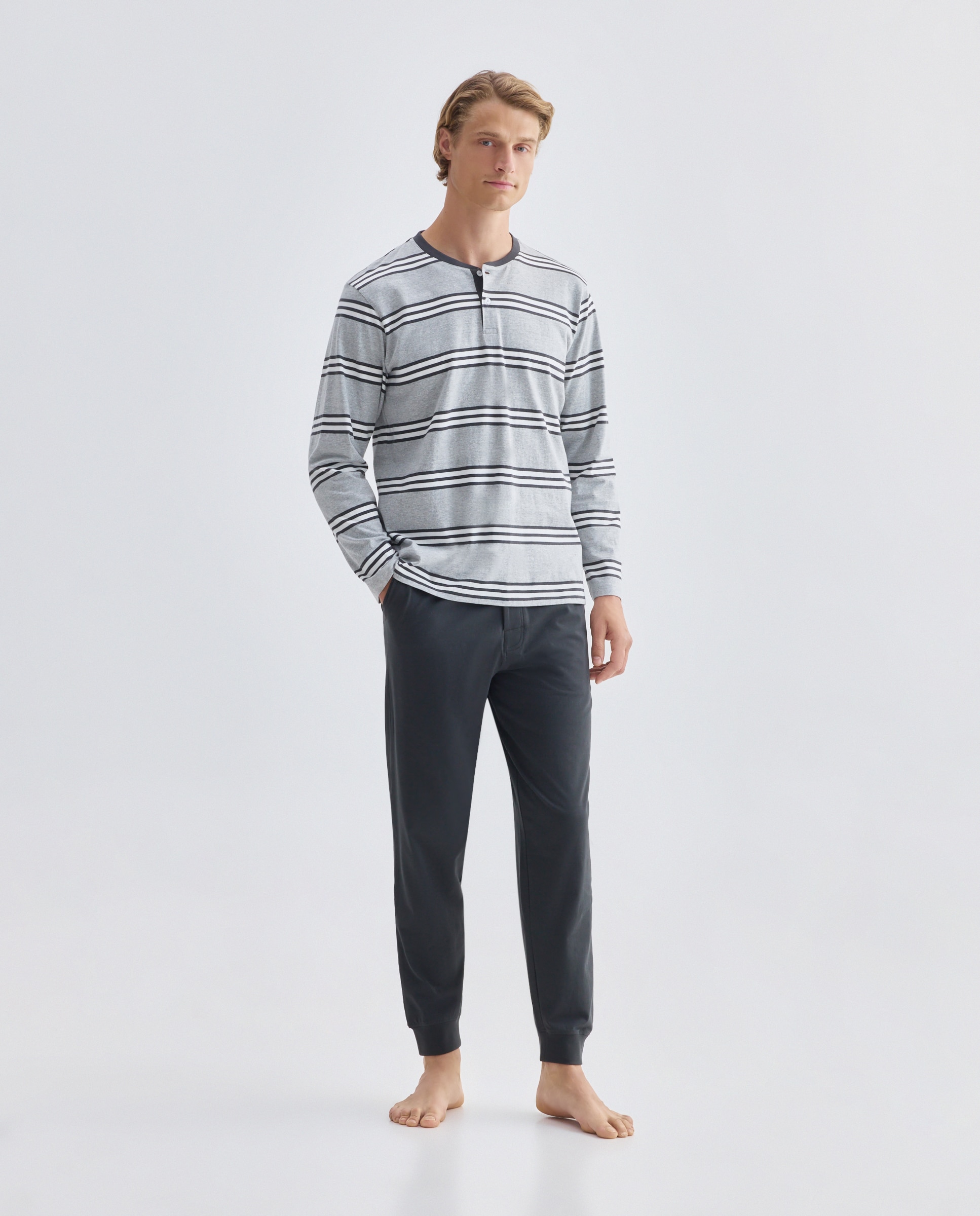 Pijama largo de punto rayas algodón - Dustin - elastano de hombre - Gris Gris-1