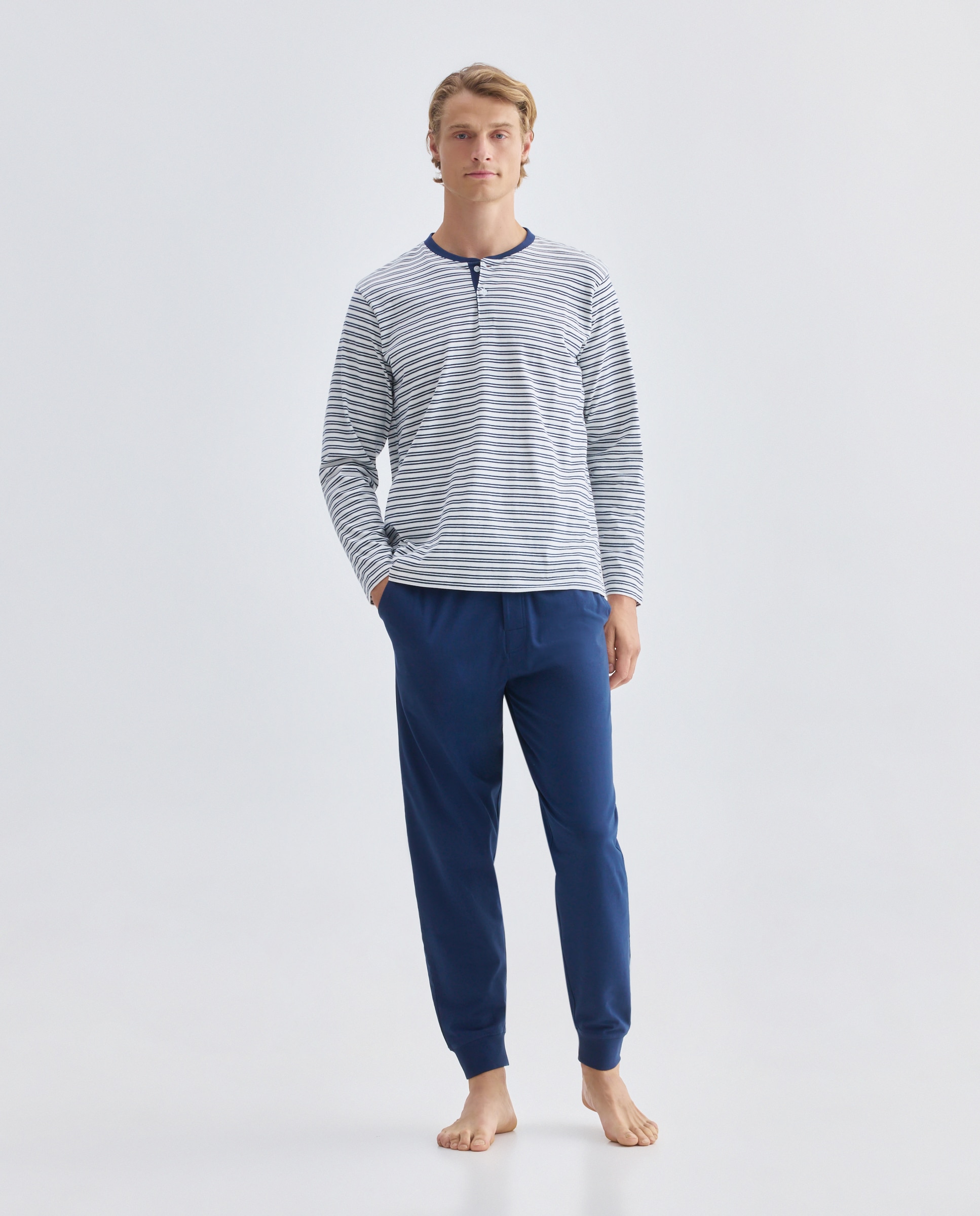 Pijama largo de punto rayas algodón - Dustin - elastano de hombre - Azul Azul-1