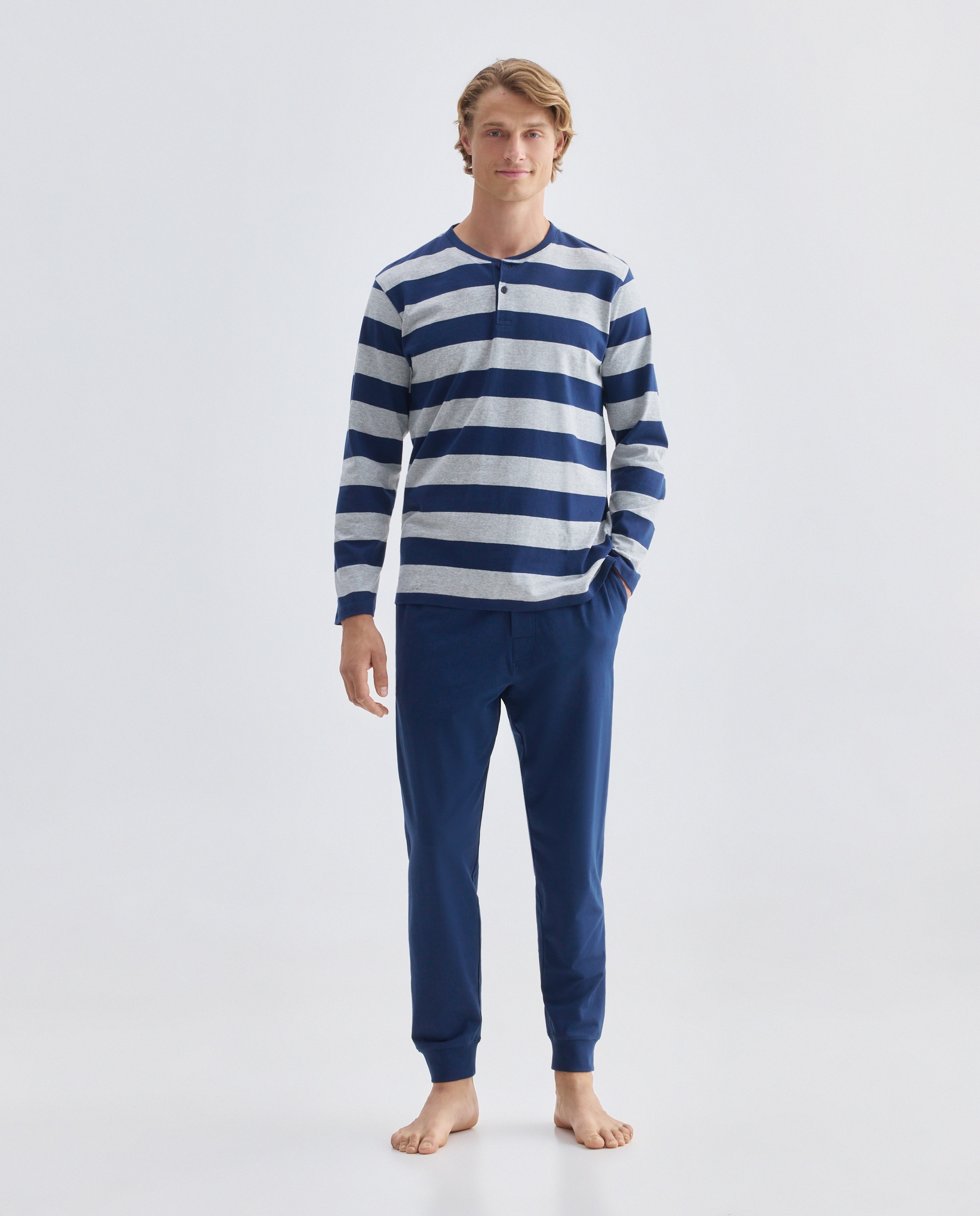 Imagen 0 de Pijama largo de punto rayas algodón - elastano de hombre Azul marino