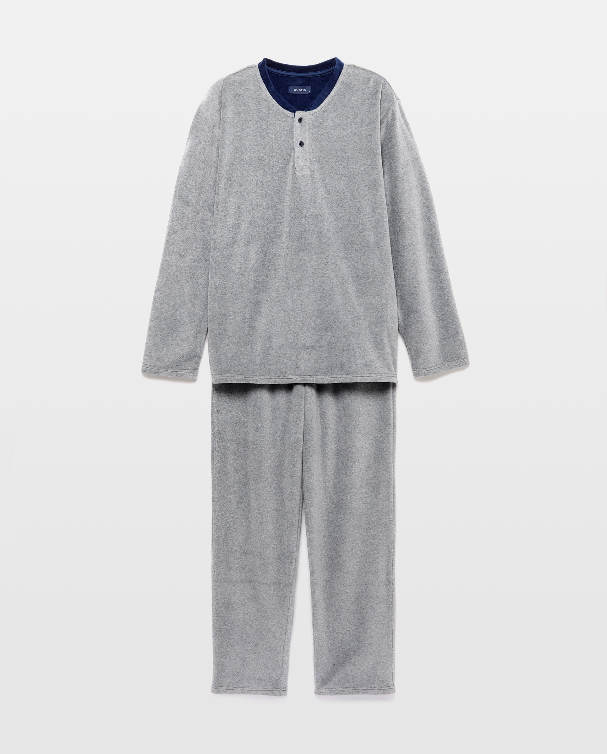 Pijama Comprido de Veludo às Riscas Azul-marinho-3