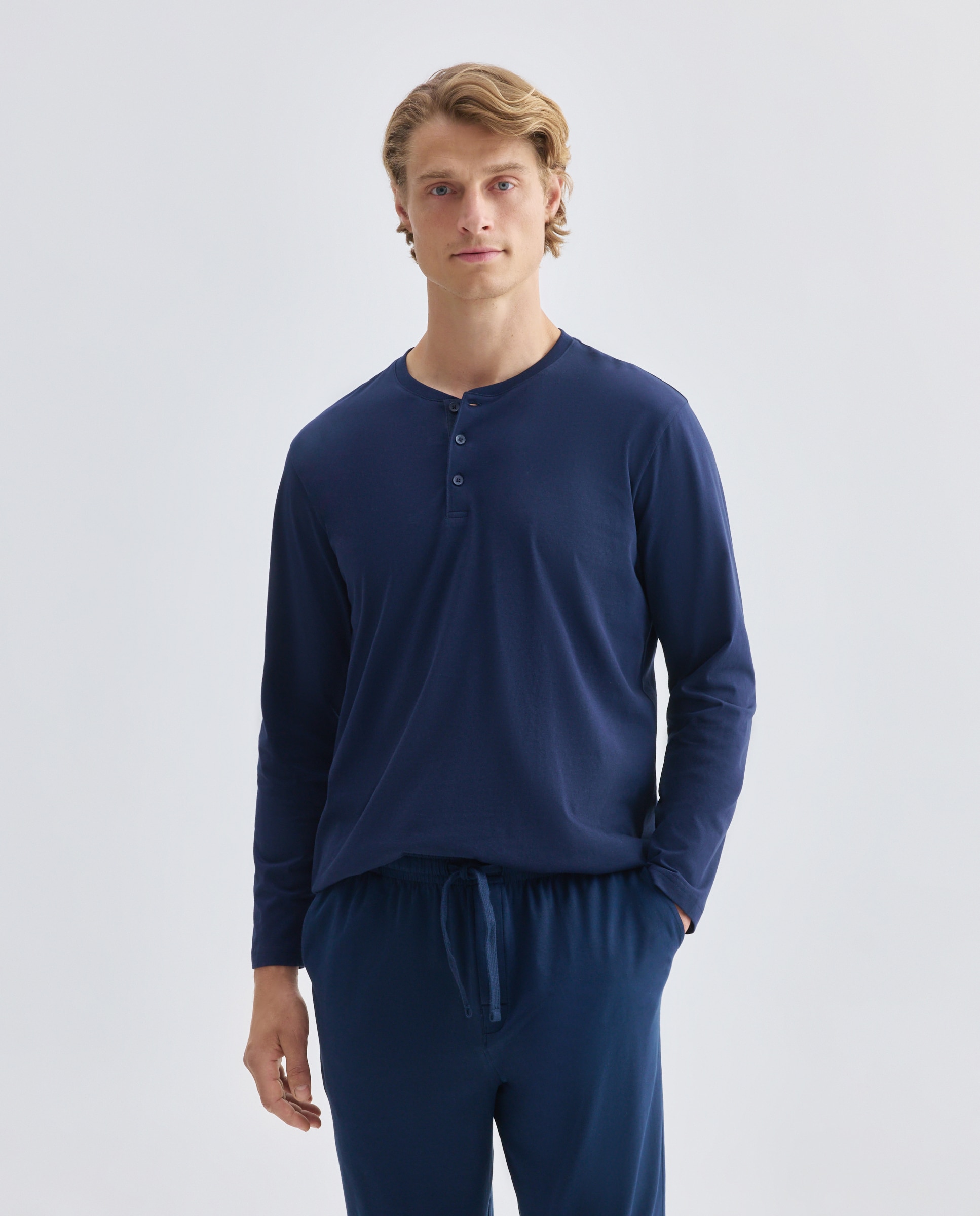 Camiseta manga larga cuello botones lisa 100% algodón de hombre - Dustin - Azul marino Azul marino-1
