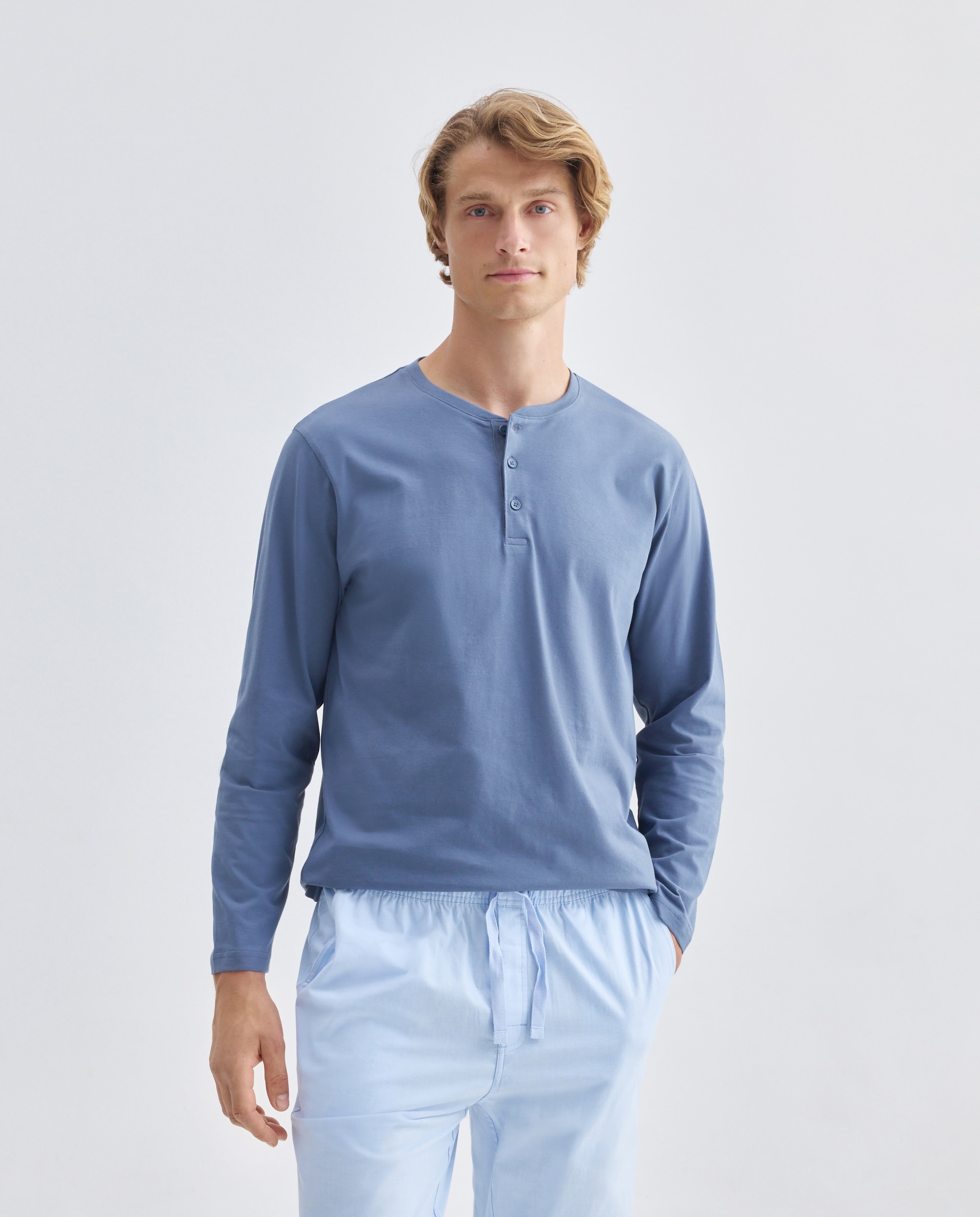 Camiseta manga larga cuello botones lisa 100% algodón de hombre - Dustin - Azul Azul-1