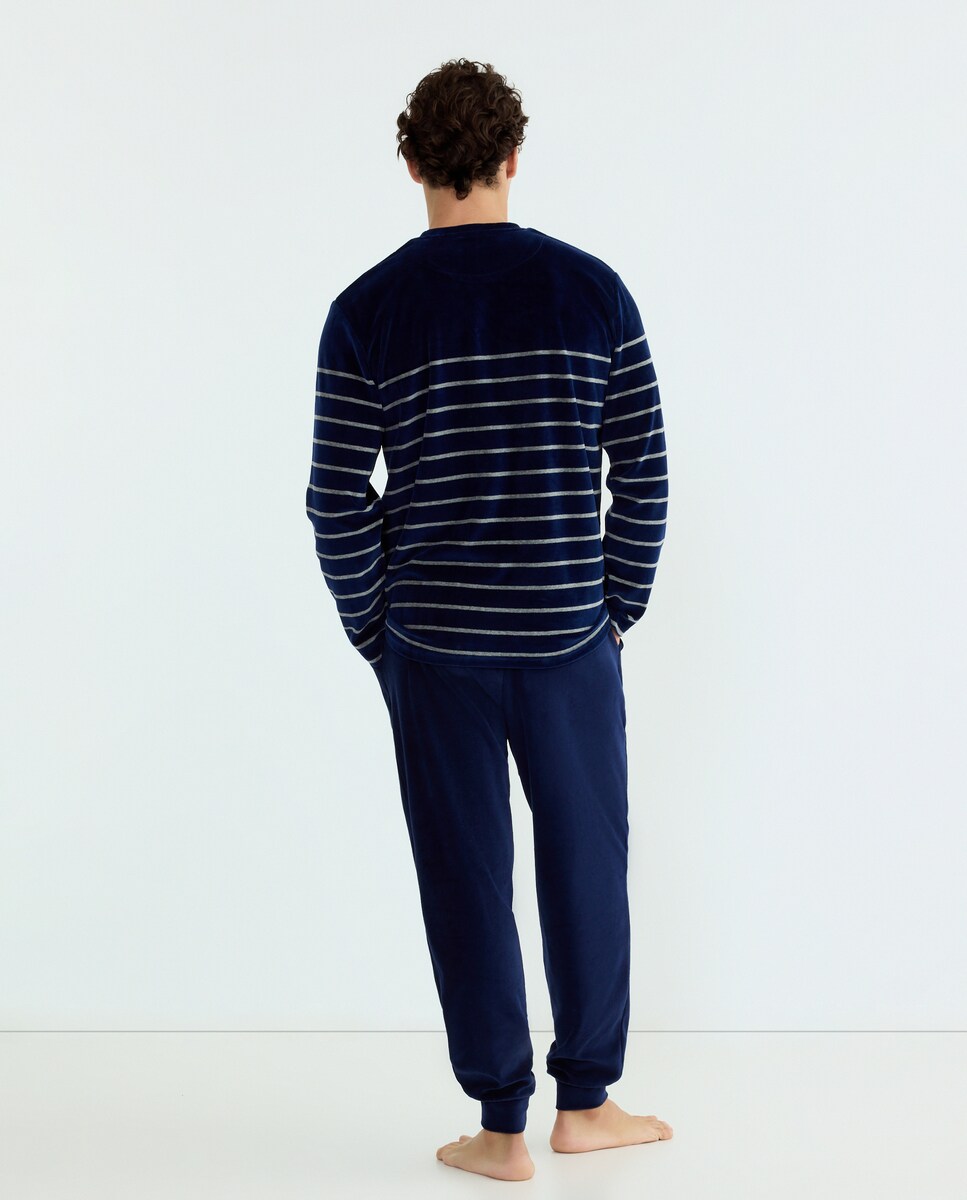 Pijama às Riscas de Malha Velour Azul-marinho-2