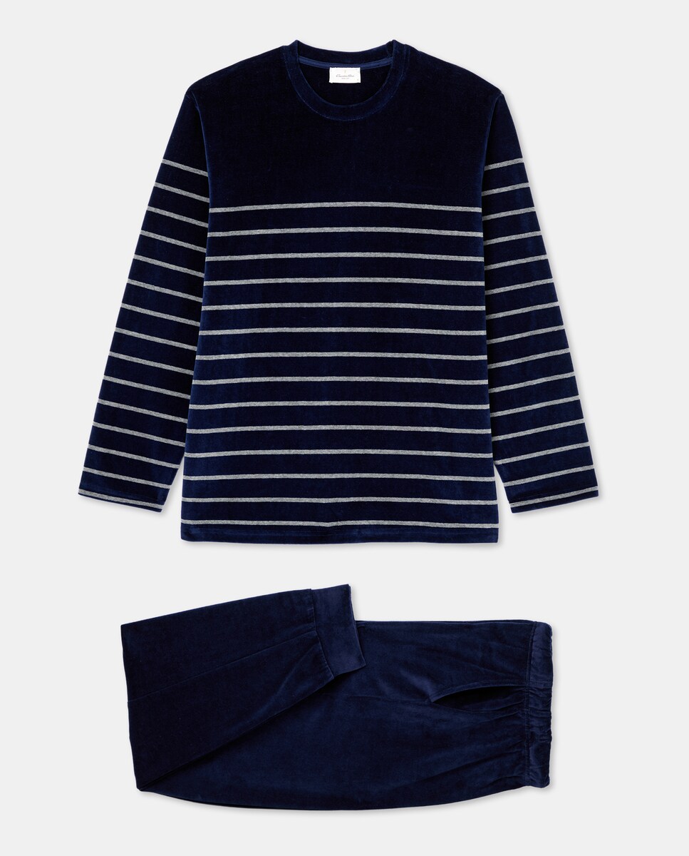 Pijama às Riscas de Malha Velour Azul-marinho-3