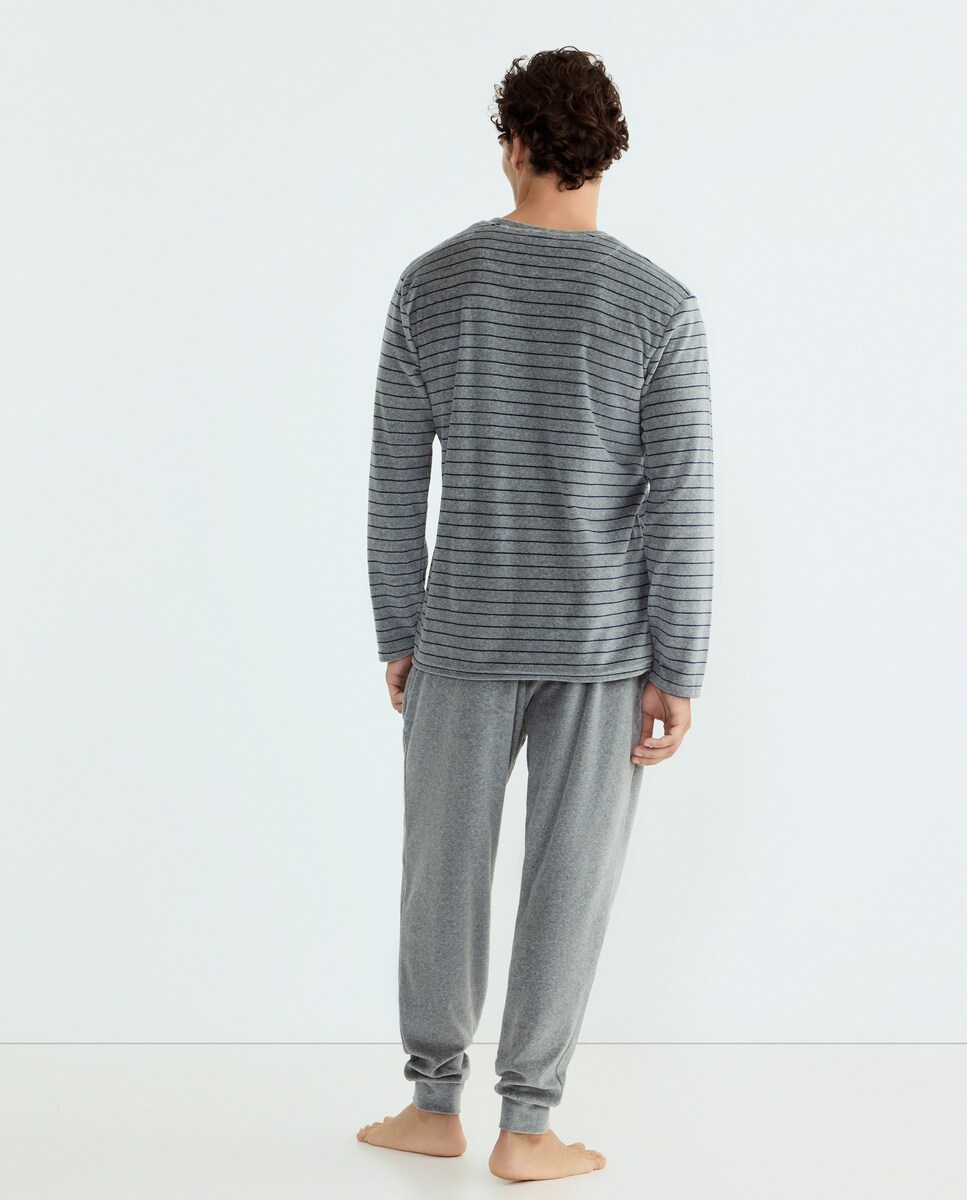 Pijama às Riscas de Malha Velour Cinzento-escuro-2