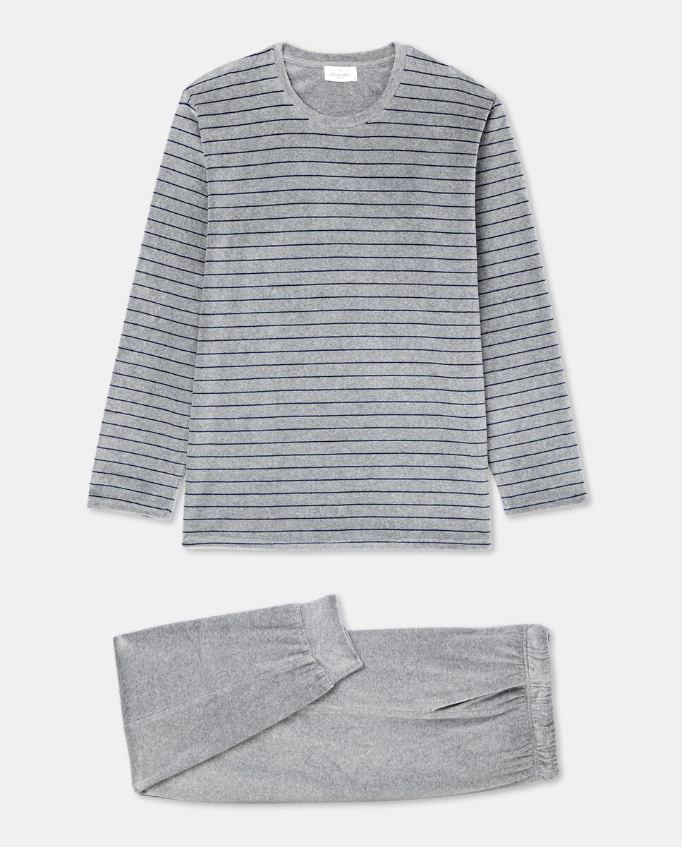 Pijama às Riscas de Malha Velour Cinzento-escuro-3