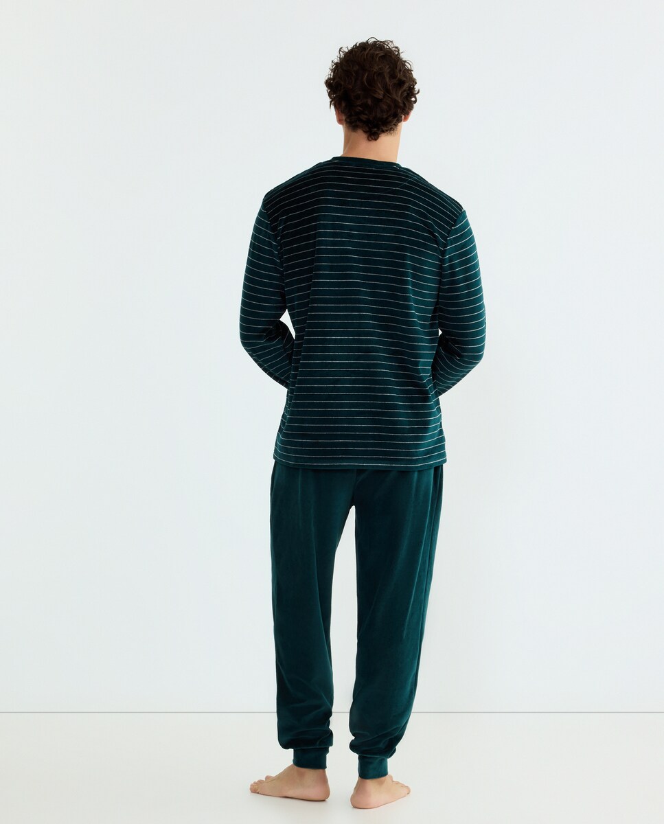 Pijama às Riscas de Malha Velour Verde-escuro-2