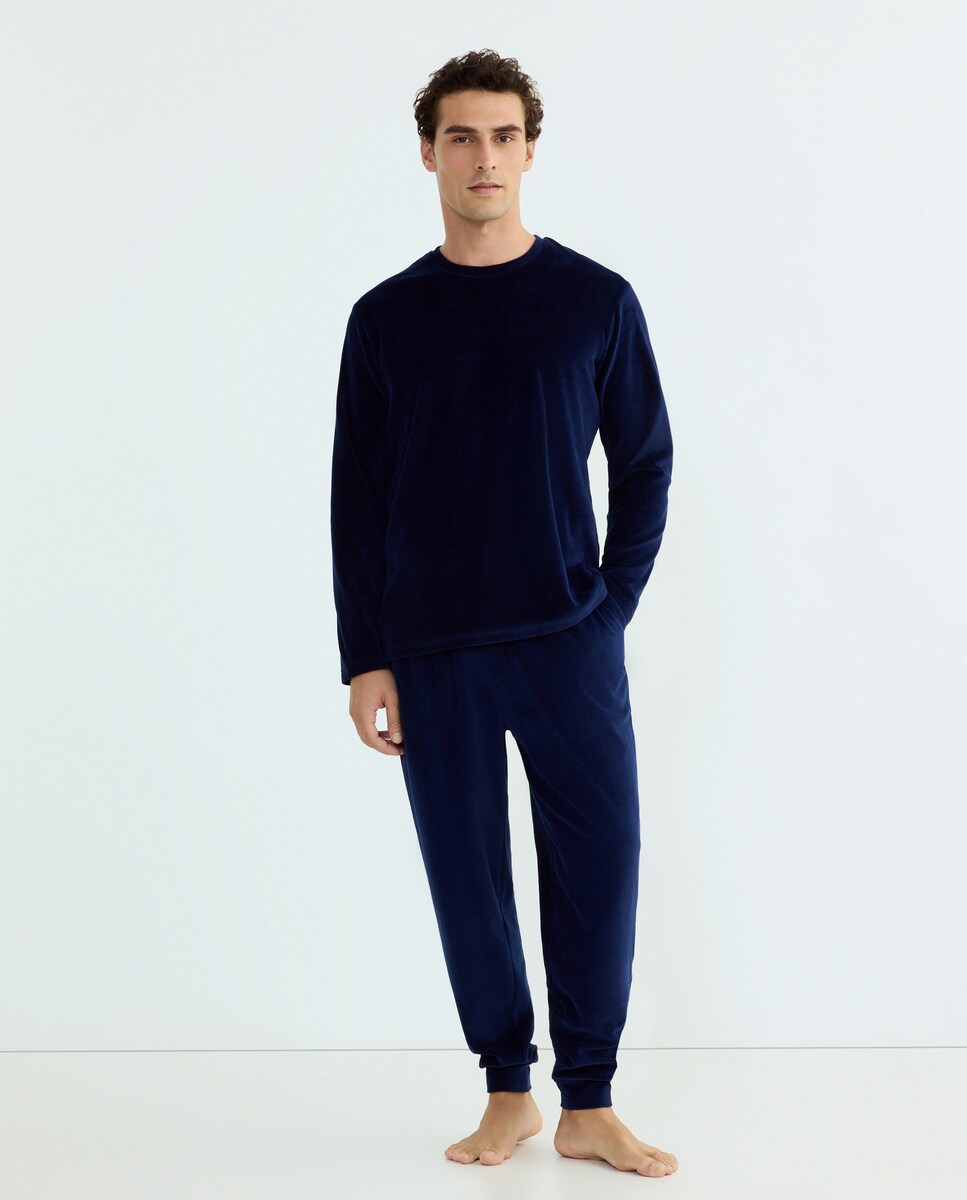 Pijama liso de punto velour de hombre XXL/2XL Azul marino