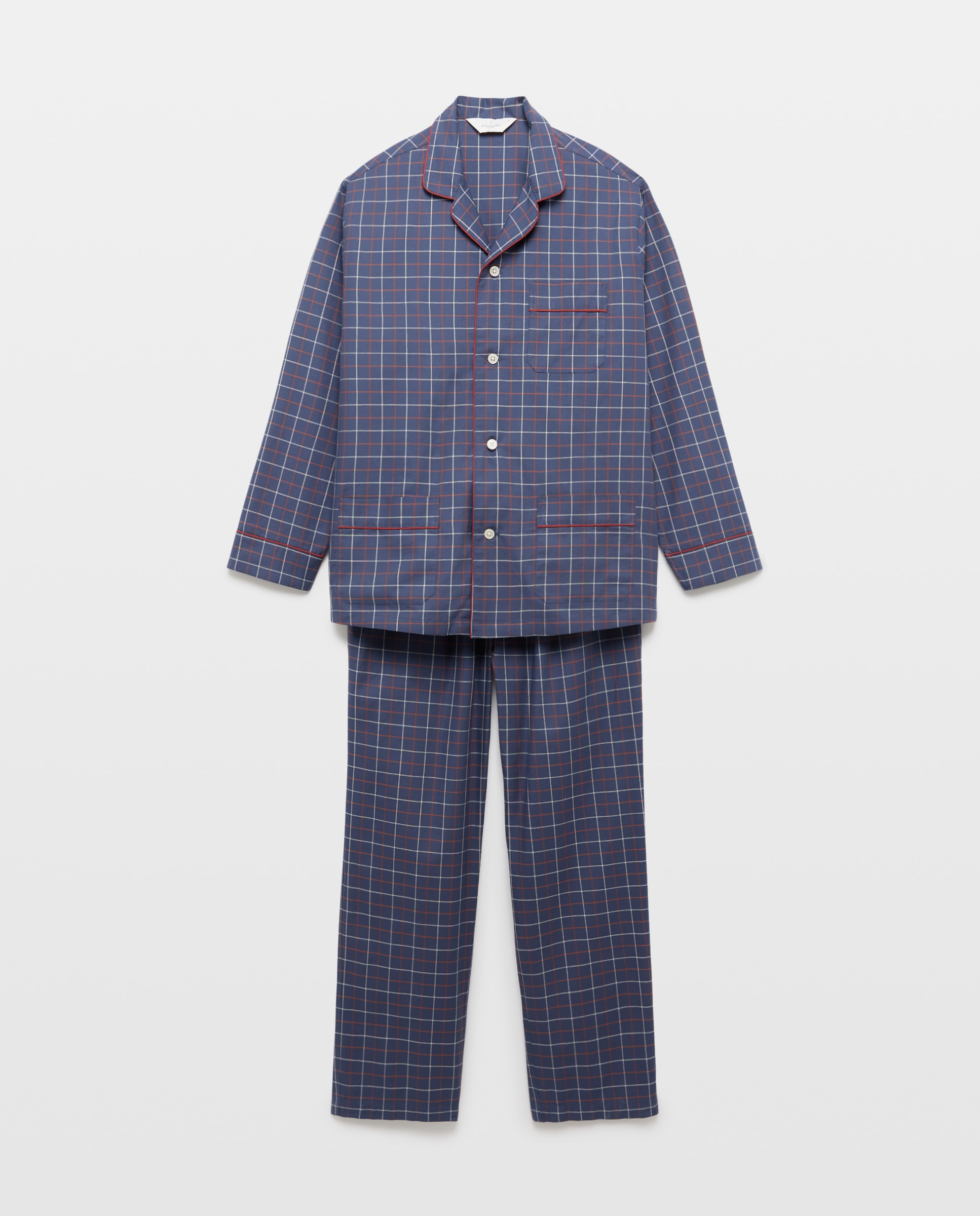 Pijama em Tecido de Sarja de Algodão aos Quadrados Azul-marinho-3