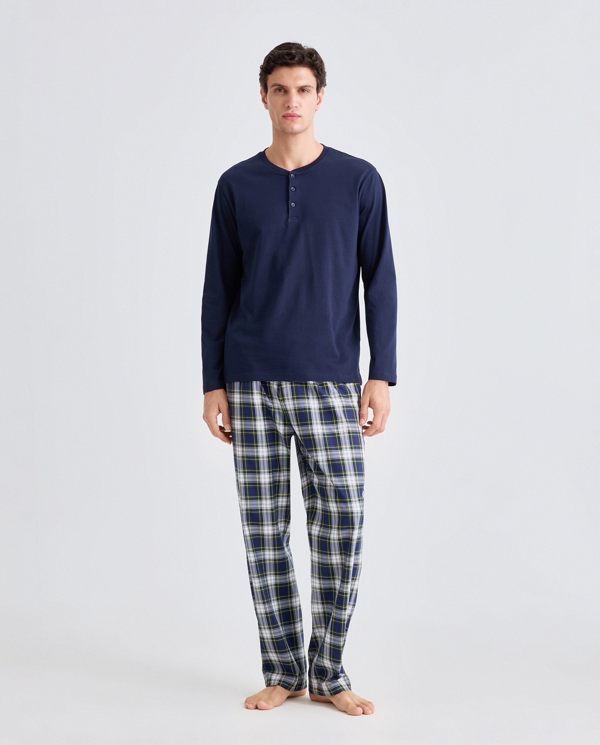 Pantalón largo de pijama twill cuadros 100% algodón sostenible hombre - Emidio Tucci - Azul marino Azul marino-1