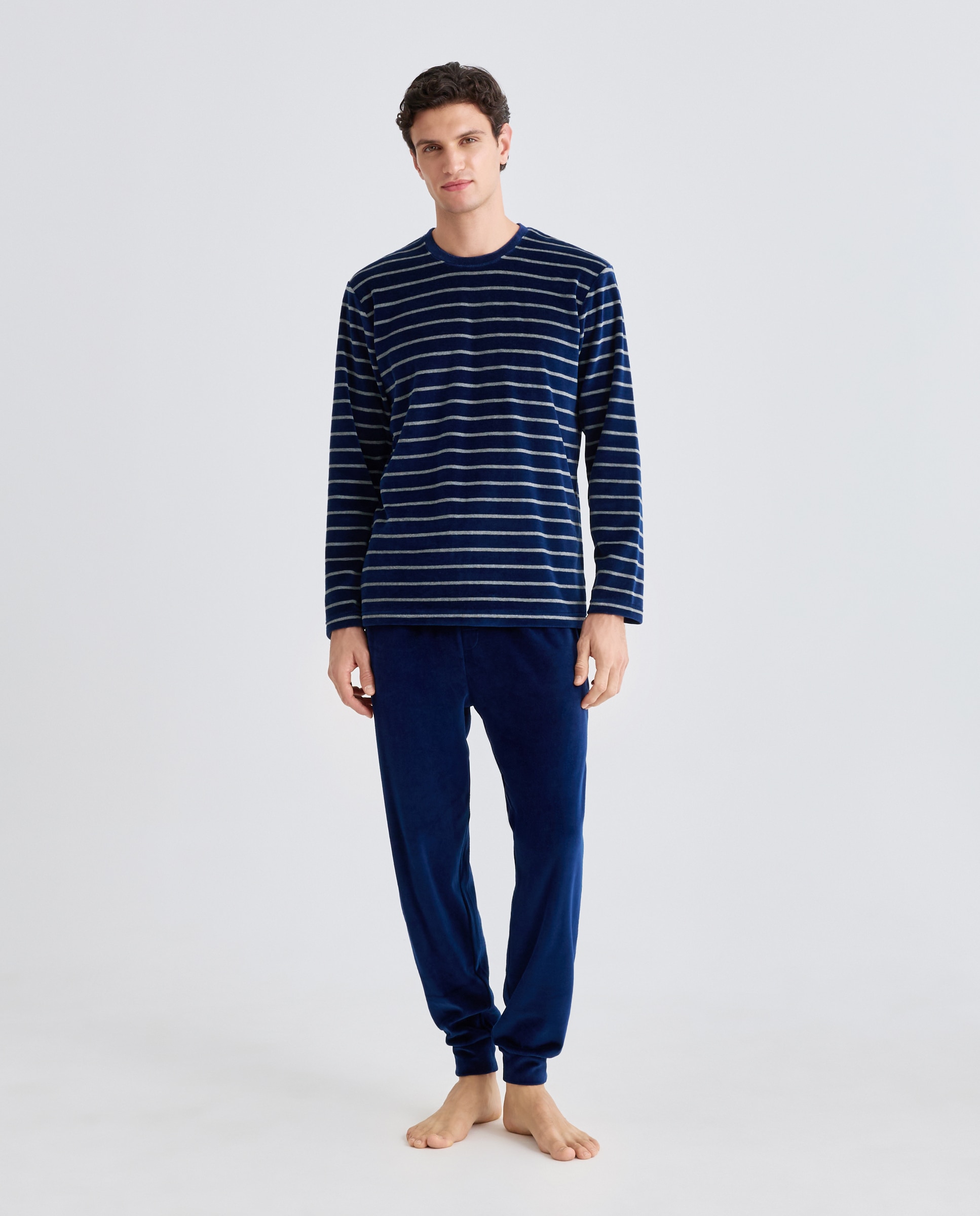 Imagen 0 de Pijama de rayas de punto velour de hombre Azul marino