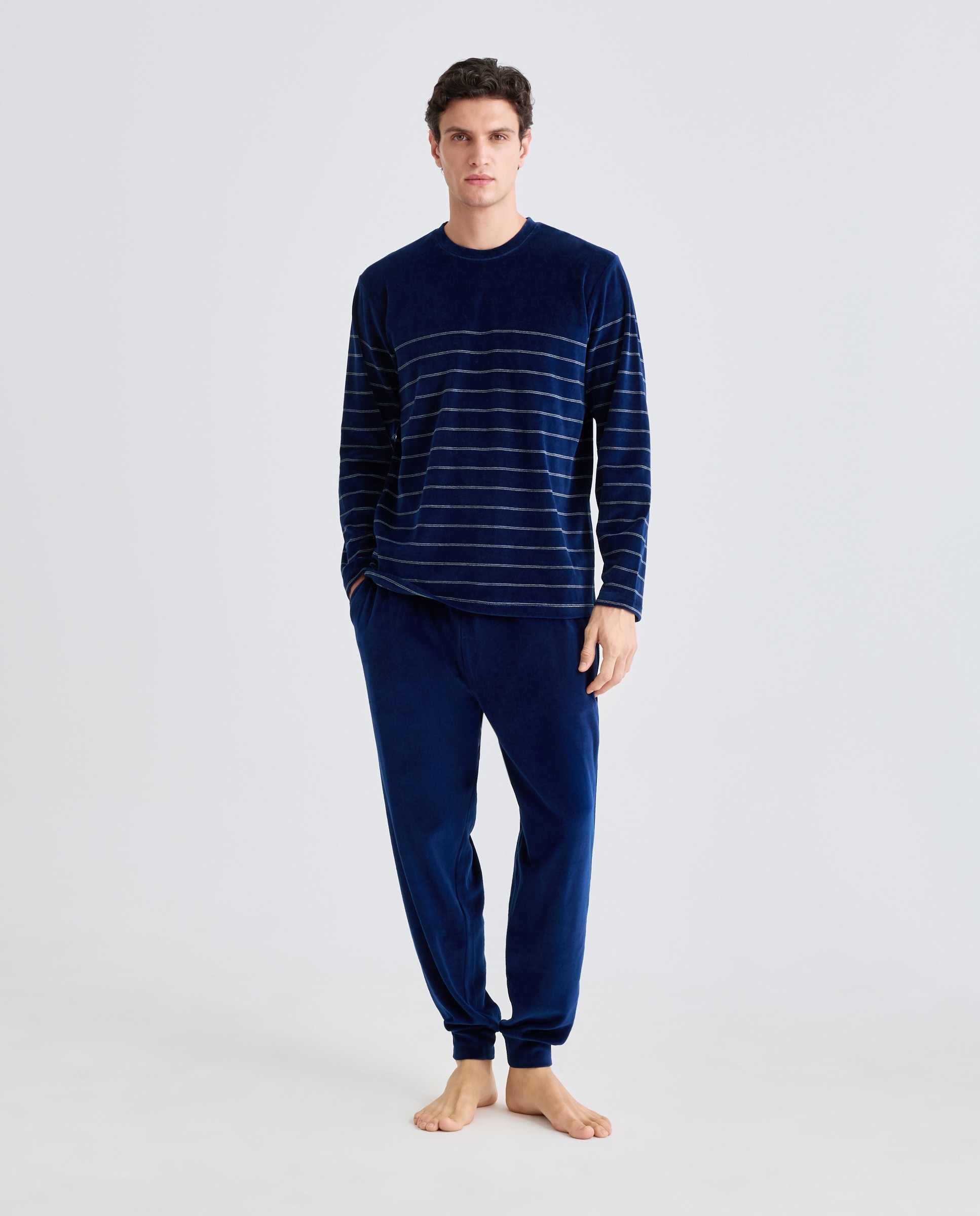 Imagen 0 de Pijama rayas velour mezcla con algodón hombre Azul marino