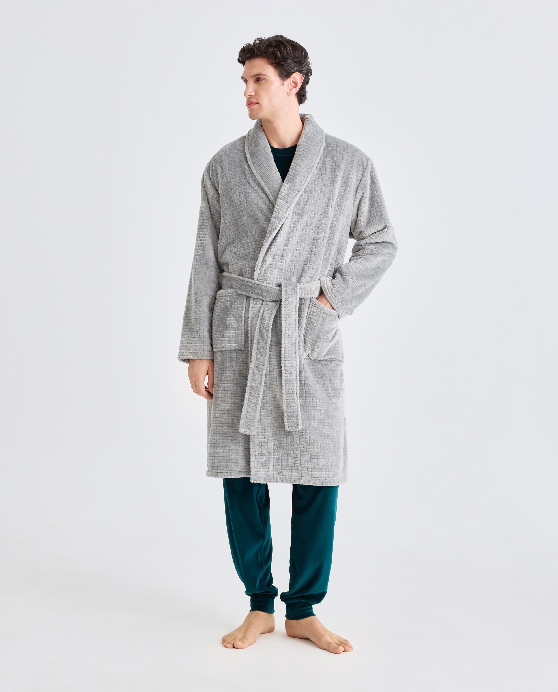 Robe em Velour com Estrutura Axadrezada Cinzento-escuro-2