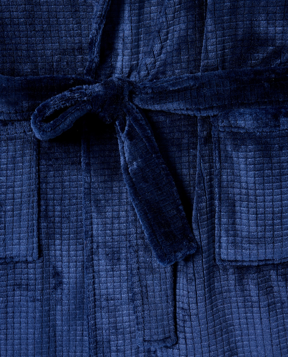 Roupão em Velour com Estrutura aos Quadrados Azul-marinho-5
