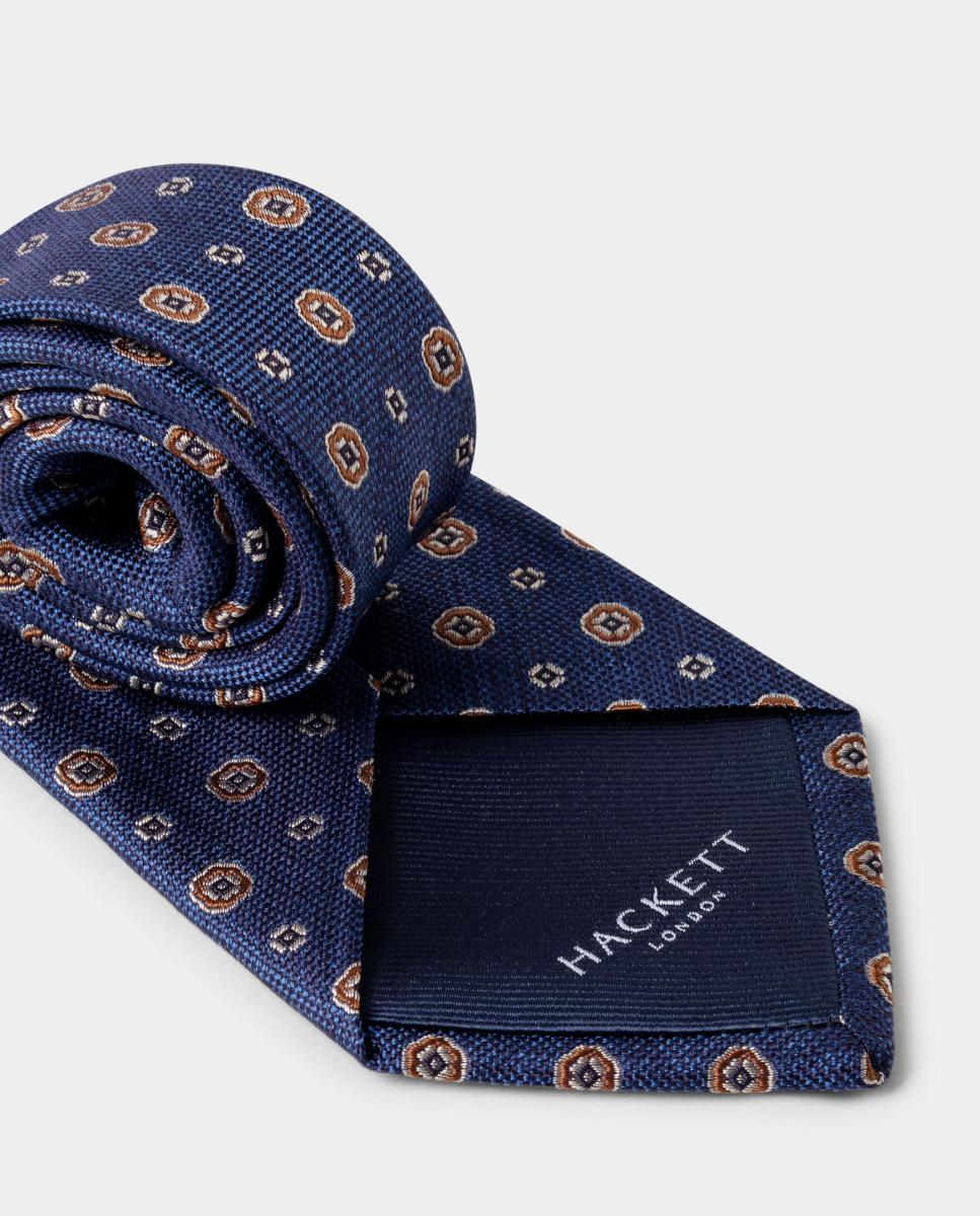 Gravata de Seda com Medalhão Floral. Azul-índigo-2