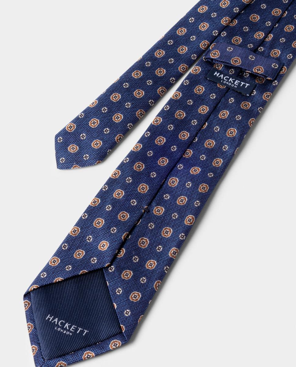 Gravata de Seda com Medalhão Floral. Azul-índigo-3
