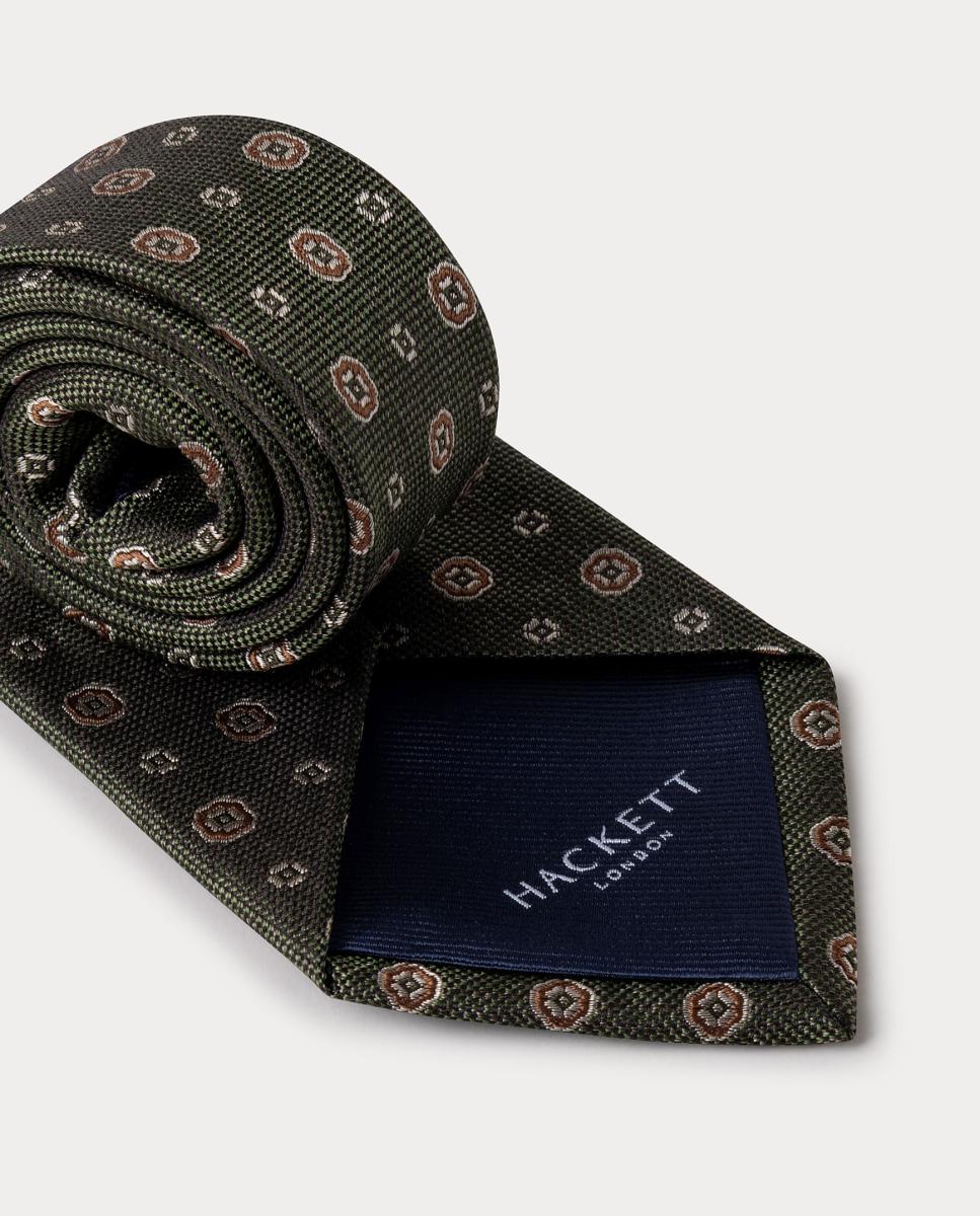 Corbata de hombre de seda medallón floral. - Hackett - Verde militar Verde militar-3