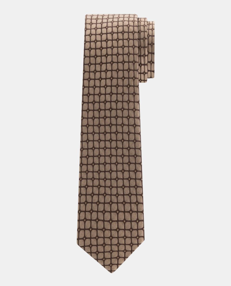 Imagen 1 de Corbata de hombre de seda con diseño de cuadrícula de cuadros redondeados. Marrón claro