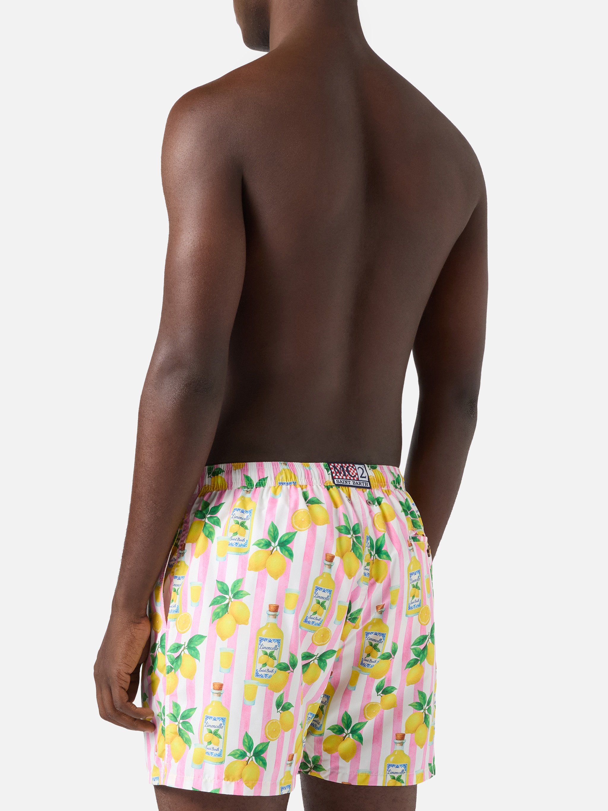 Calções de Banho com Estampado às Riscas e Limões Rosa-2