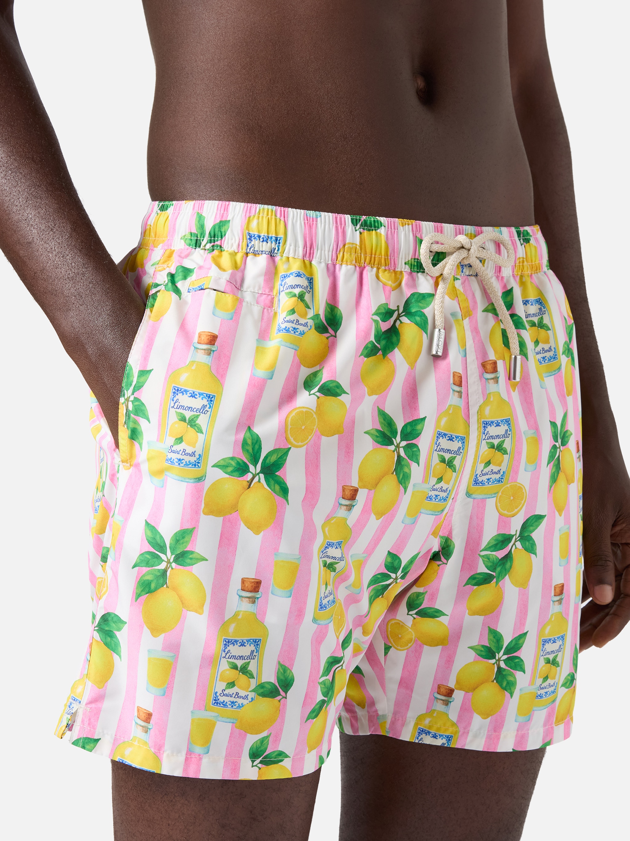 Calções de Banho com Estampado às Riscas e Limões Rosa-3