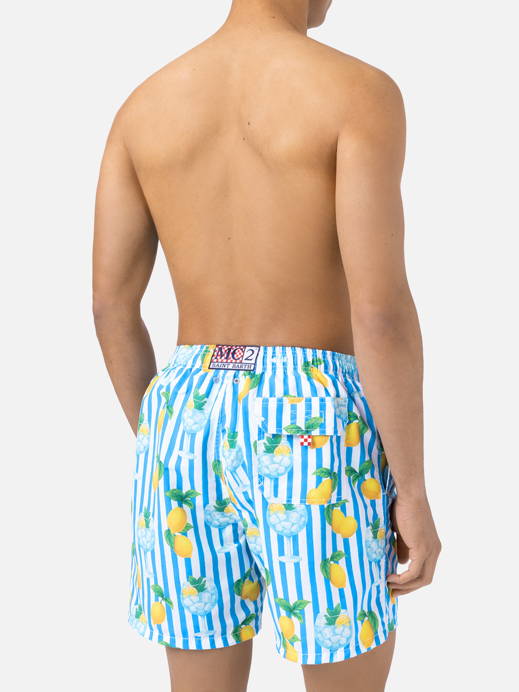 Calções de Banho com Estampado às Riscas, Limões e Gin Tónico Azul-2