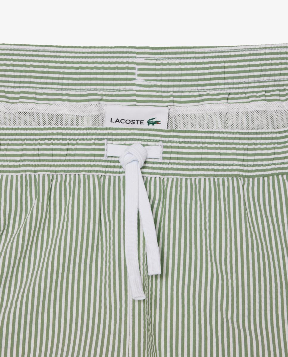 Calções de Banho de Seersucker às Riscas de Comprimento Médio Verde-claro-3