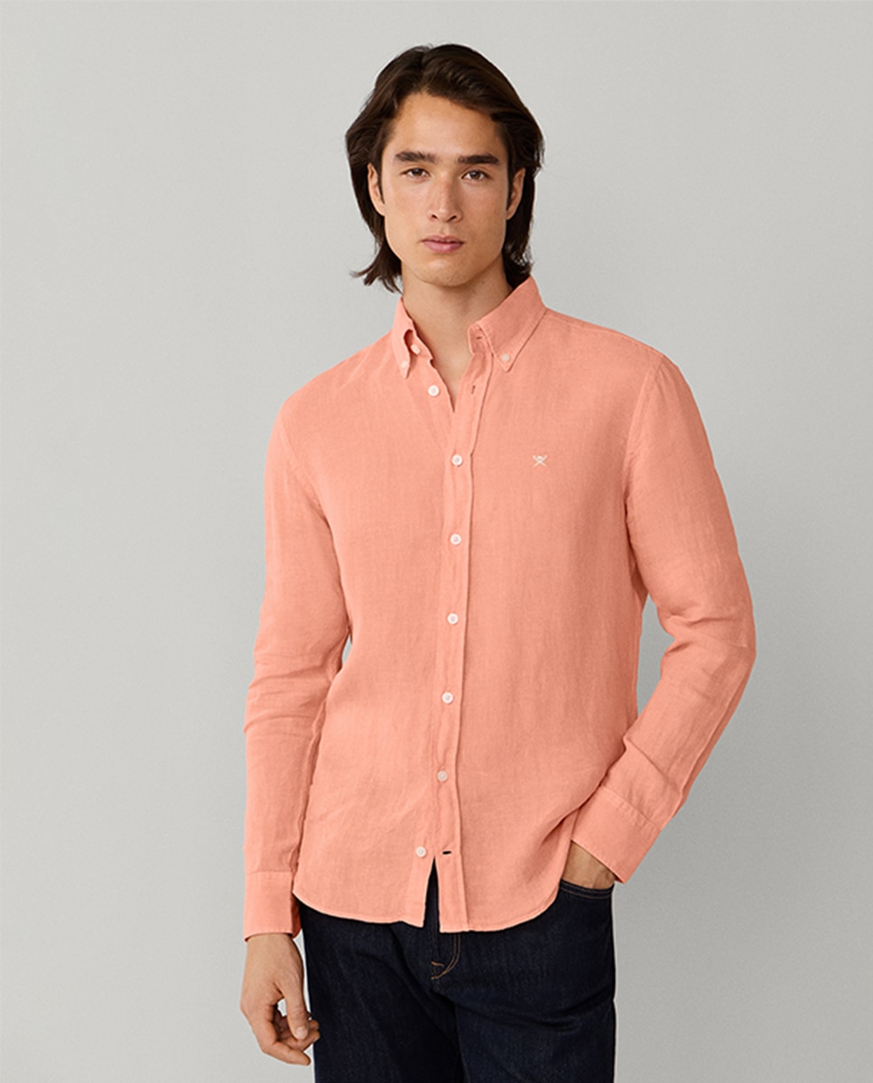Camisa de Linho Lisa com Logótipo Bordado Laranja-claro-1