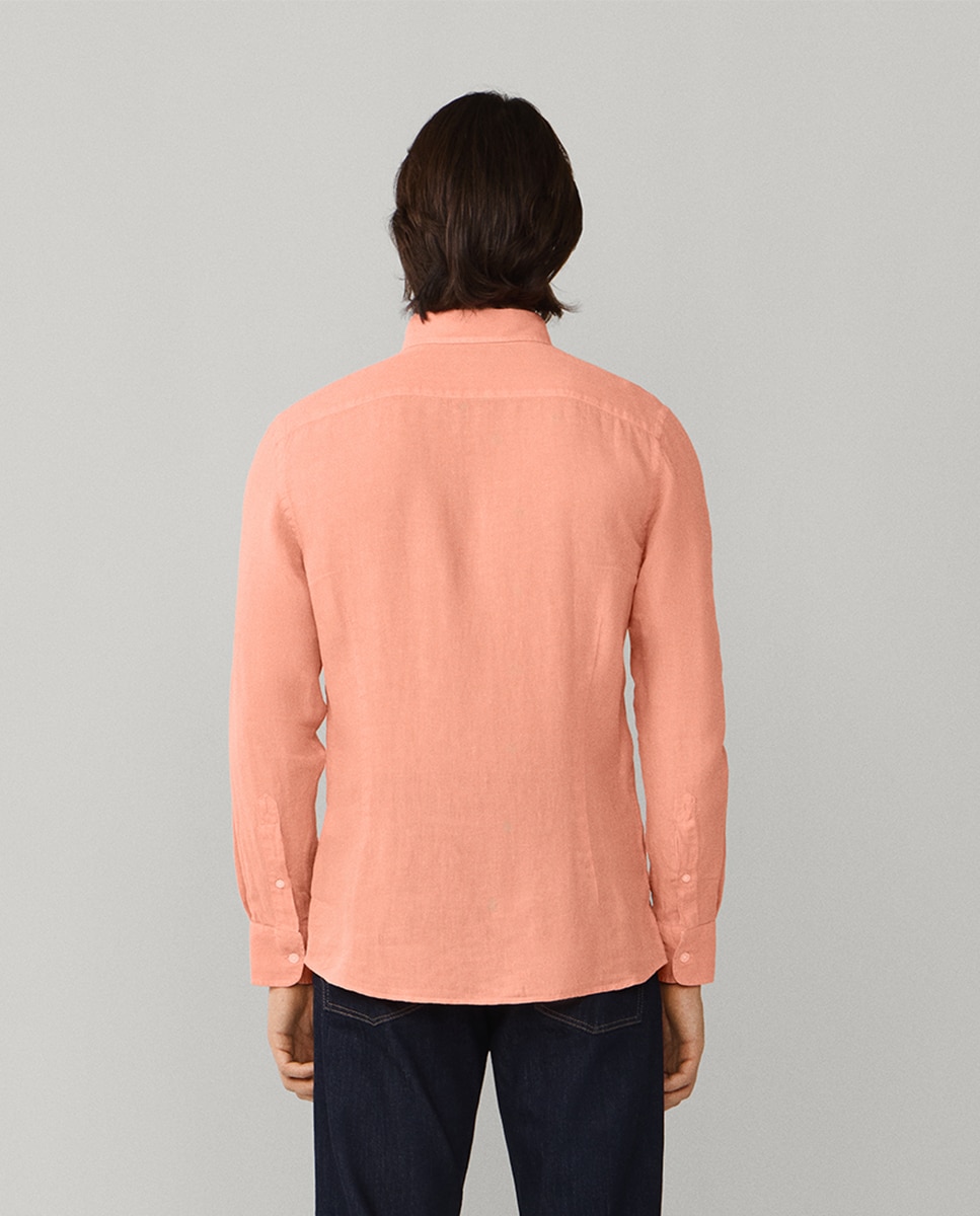 Camisa de Linho Lisa com Logótipo Bordado Laranja-claro-2