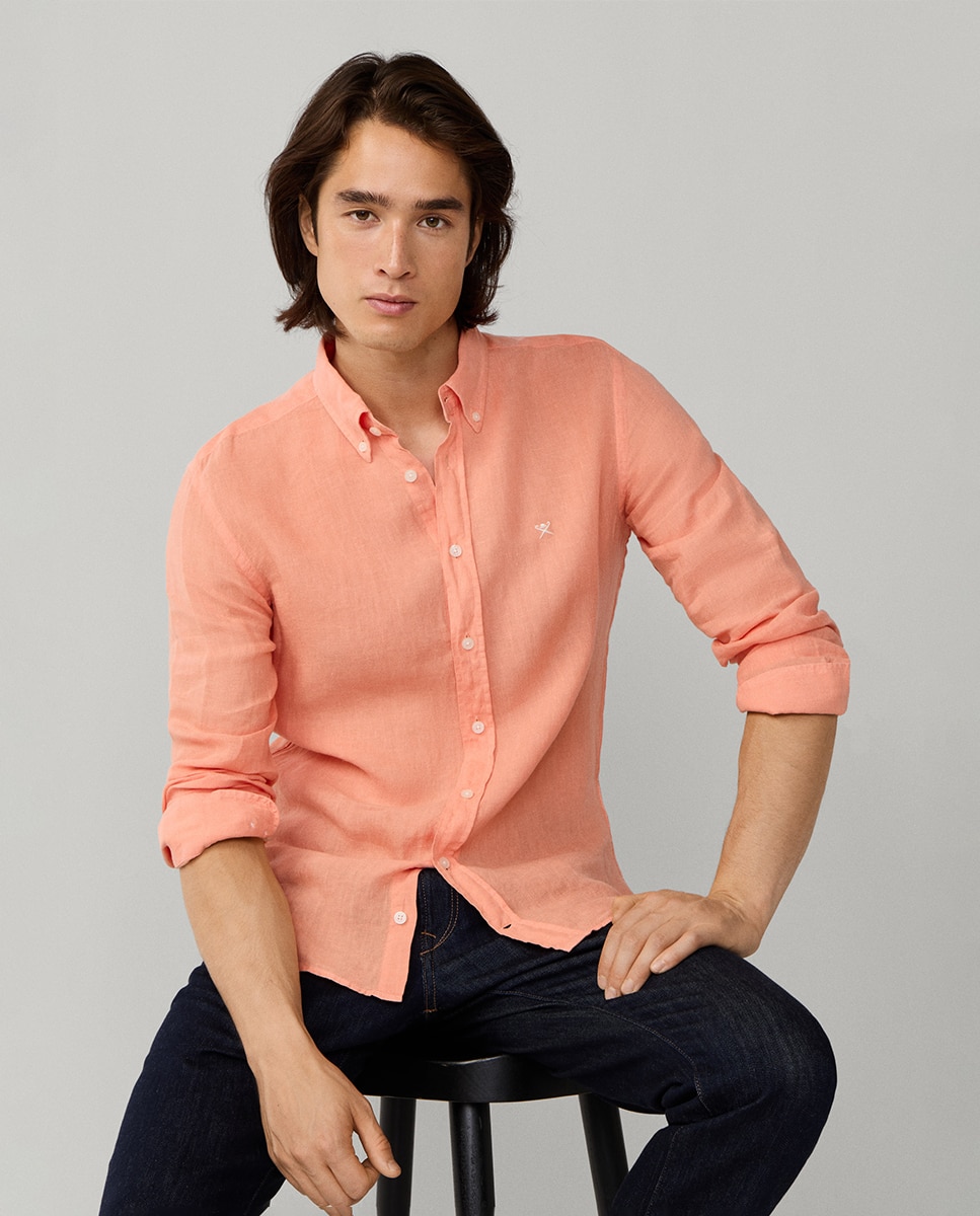 Camisa de Linho Lisa com Logótipo Bordado Laranja-claro-3