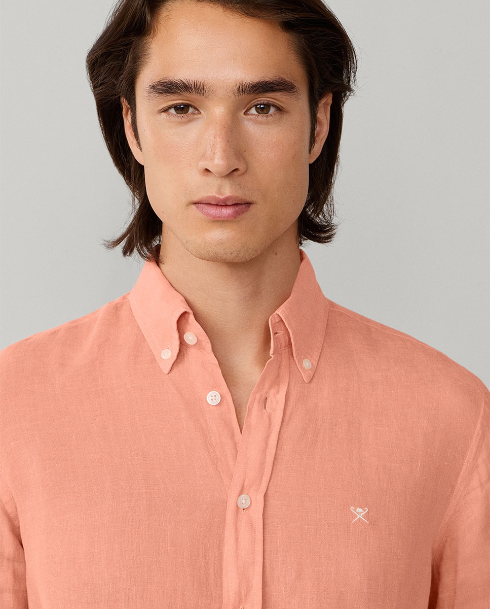 Camisa de Linho Lisa com Logótipo Bordado Laranja-claro-4