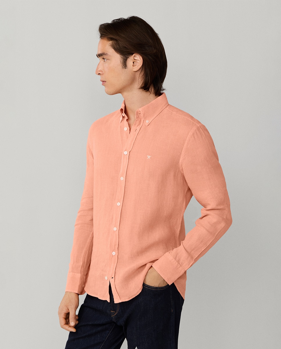 Camisa de Linho Lisa com Logótipo Bordado Laranja-claro-5