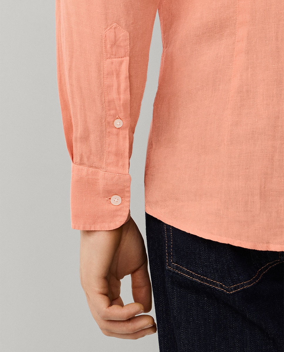 Camisa de Linho Lisa com Logótipo Bordado Laranja-claro-6
