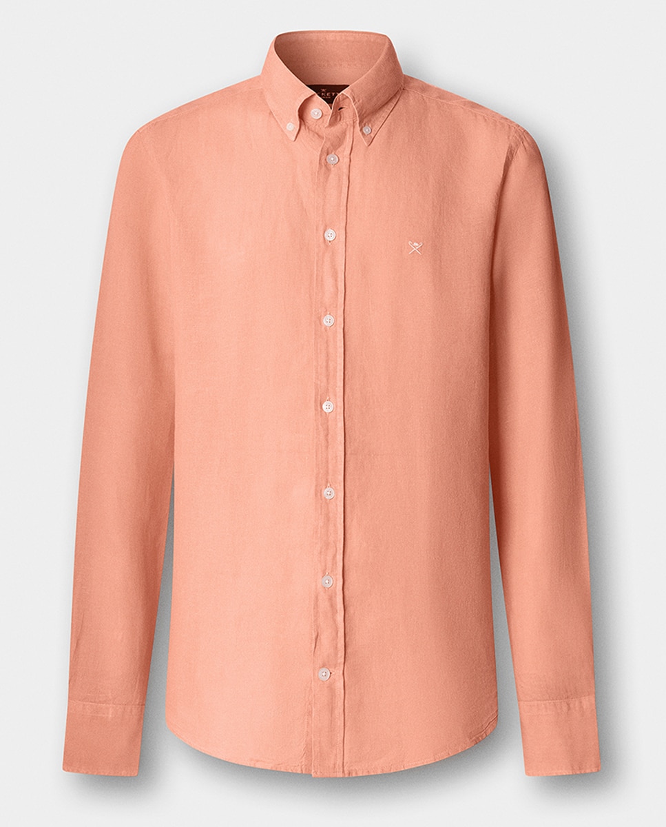 Camisa de Linho Lisa com Logótipo Bordado Laranja-claro-7