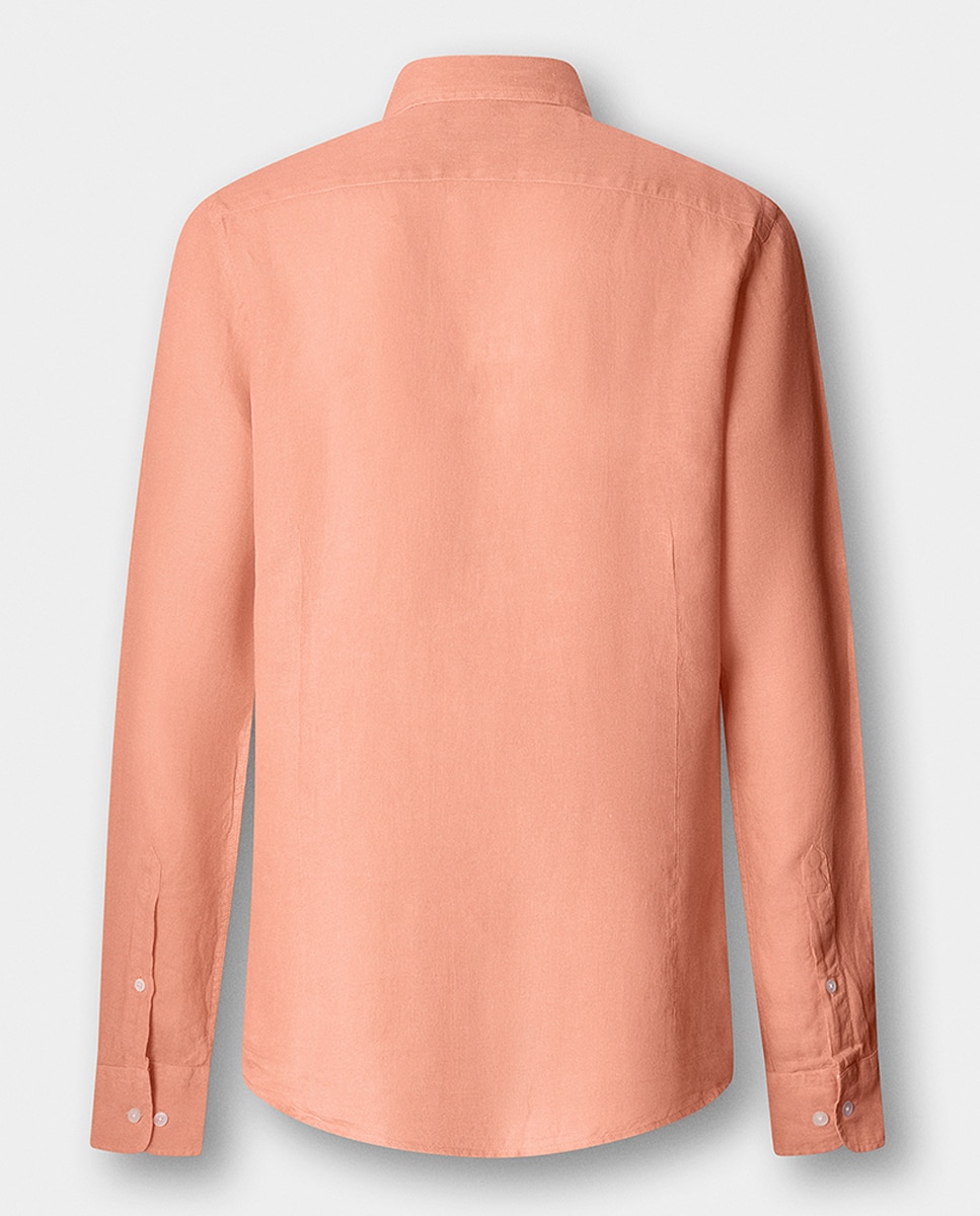 Camisa de Linho Lisa com Logótipo Bordado Laranja-claro-8