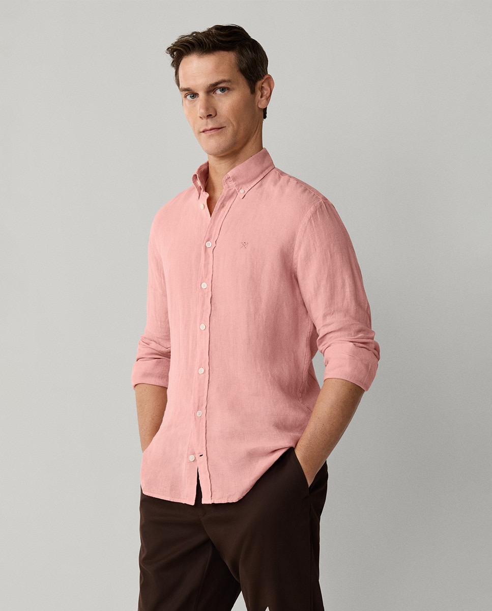 Camisa de Linho Lisa com Logótipo Bordado Salmão-3