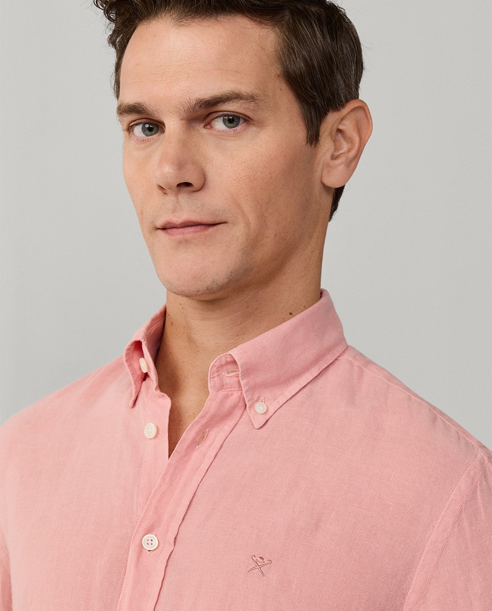 Camisa de Linho Lisa com Logótipo Bordado Salmão-4