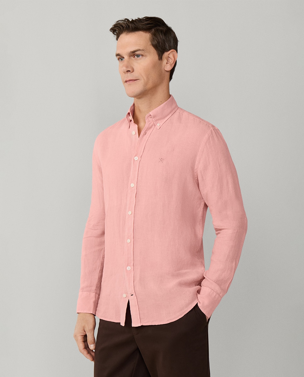 Camisa de Linho Lisa com Logótipo Bordado Salmão-5