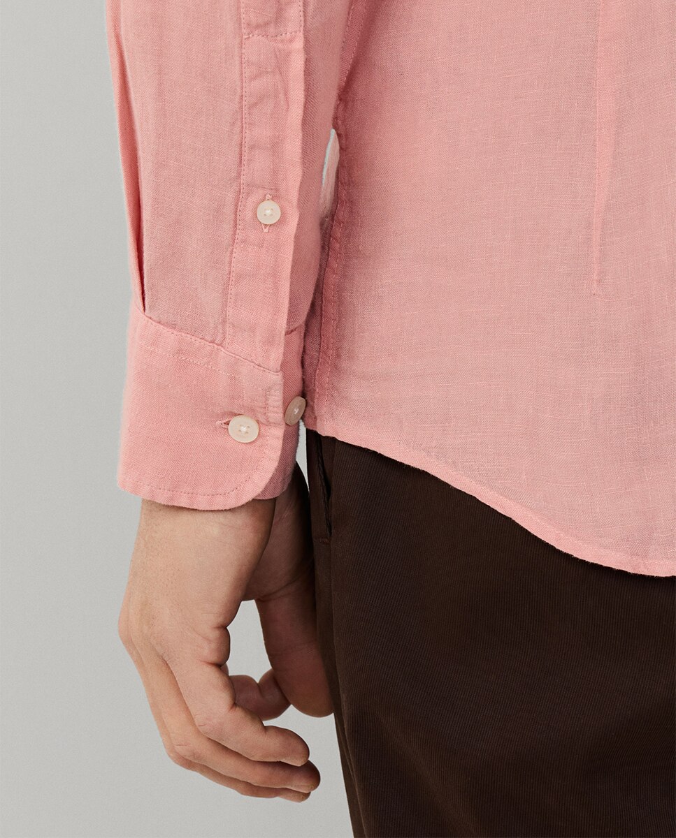 Camisa de Linho Lisa com Logótipo Bordado Salmão-6
