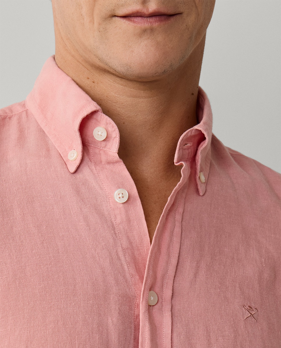 Camisa de Linho Lisa com Logótipo Bordado Salmão-7
