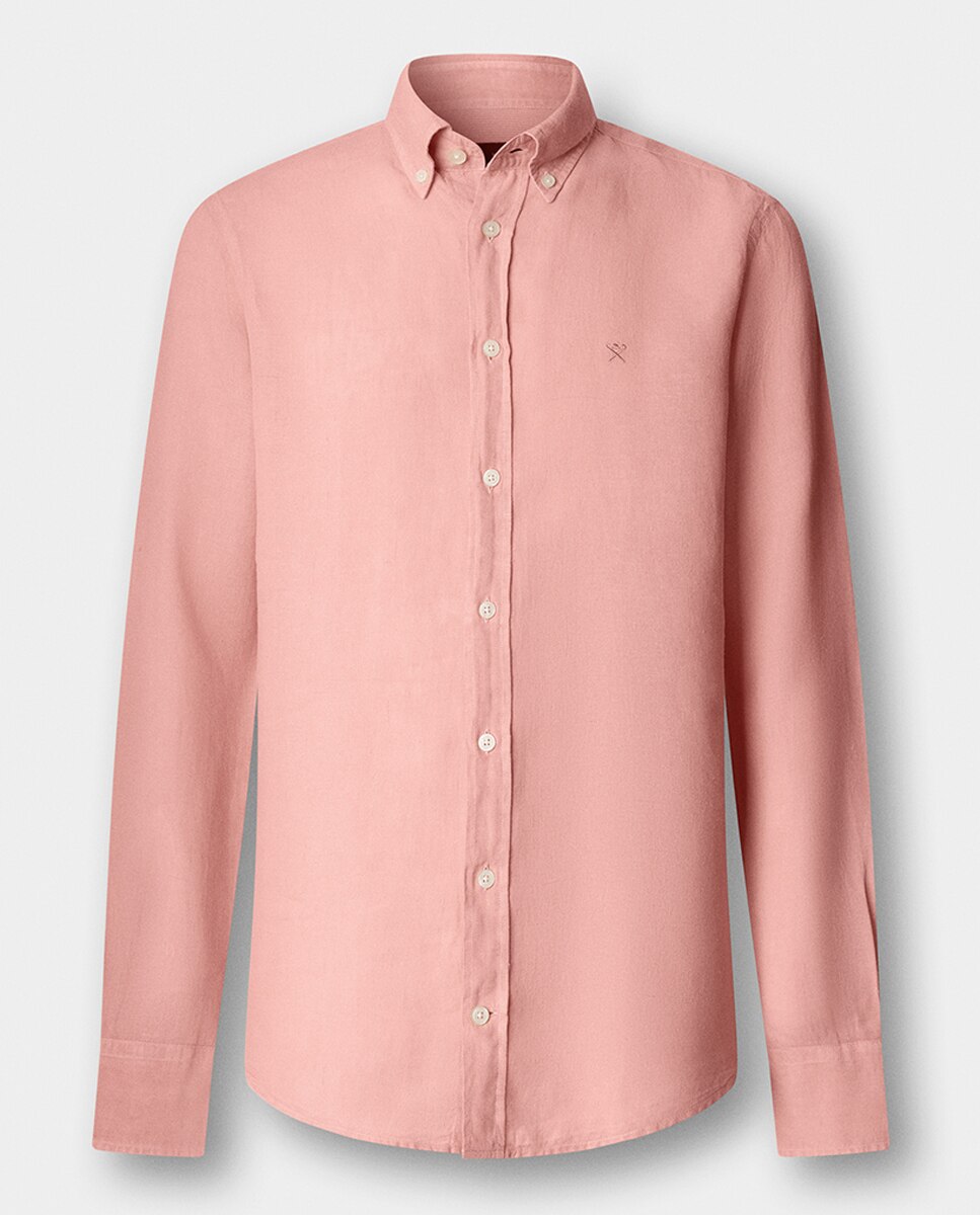 Camisa de Linho Lisa com Logótipo Bordado Salmão-8