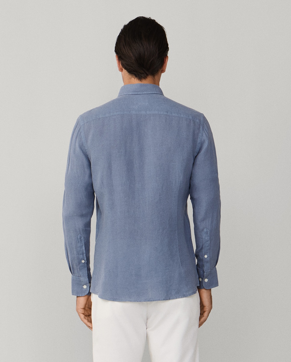 Camisa de Linho Lisa com Logótipo Bordado Azul-escuro-2
