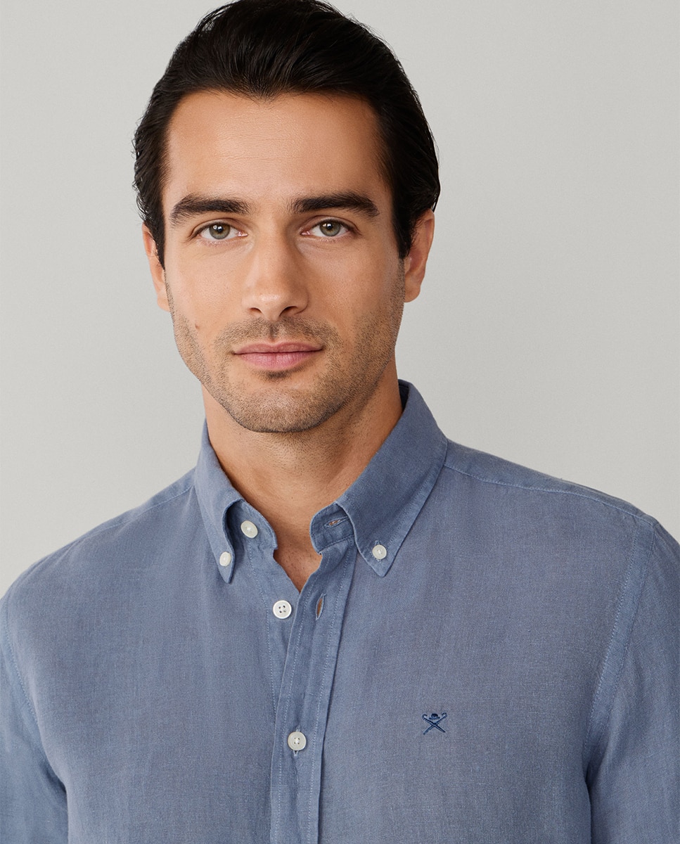Camisa de Linho Lisa com Logótipo Bordado Azul-escuro-3