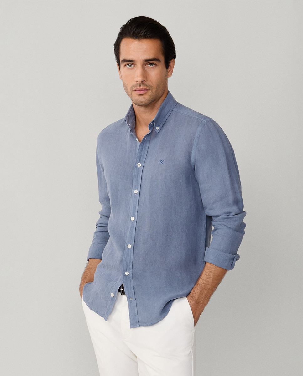 Camisa de Linho Lisa com Logótipo Bordado Azul-escuro-4