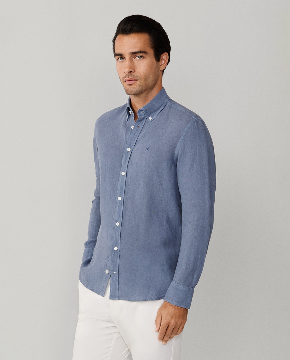 Camisa de Linho Lisa com Logótipo Bordado Azul-escuro-5
