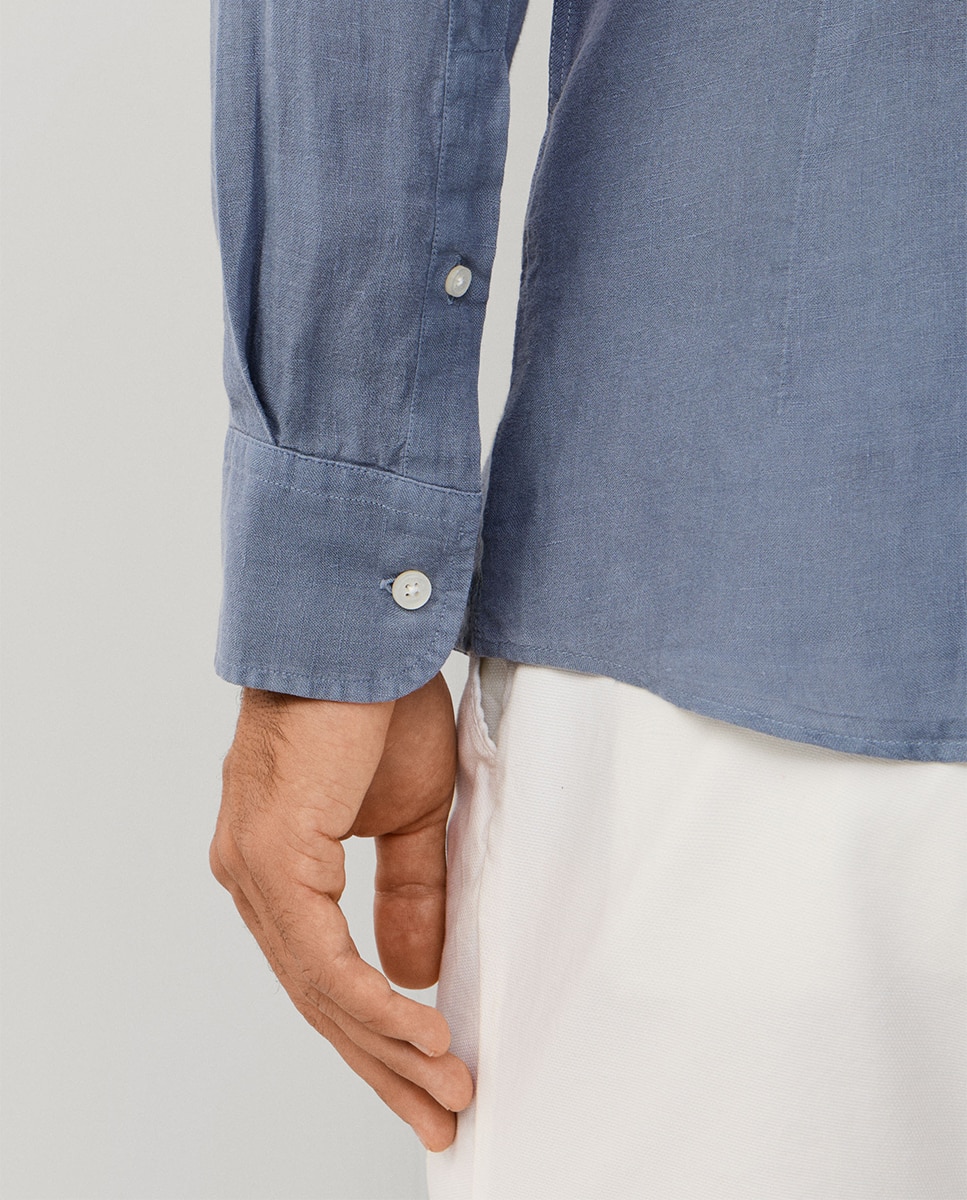 Camisa de Linho Lisa com Logótipo Bordado Azul-escuro-6