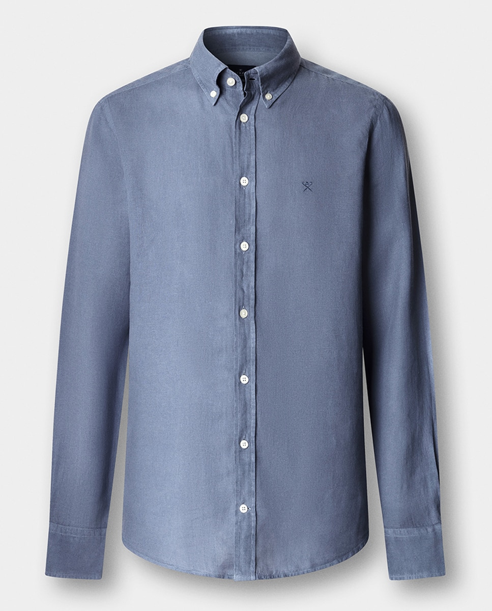 Camisa de Linho Lisa com Logótipo Bordado Azul-escuro-7