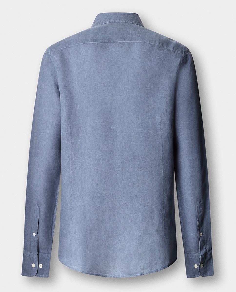 Camisa de Linho Lisa com Logótipo Bordado Azul-escuro-8